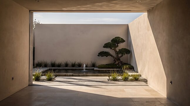 Minimalist Zen garden courtyard featuring a rectangular reflecting pond with a small water fountain, a sculpted bonsai tree, and clean architectural lines under bright sunlight and shadows.