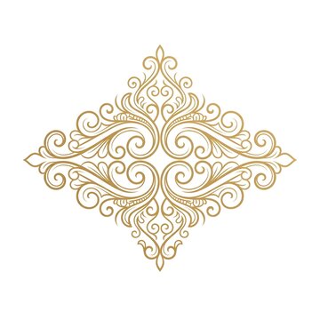 Elegant Gold Baroque Style Ornamental Floral Motif Decorative Element with Symmetrical Swirls and