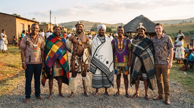 Men wearing diverse African traditional garments and modern fusion outfits standing in a rural village setting