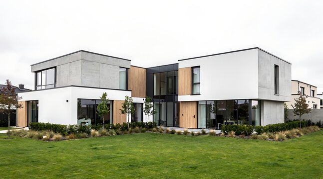 Modern minimalist residential house architecture featuring a sleek cubic design with exposed concrete walls white plaster finish and natural wood cladding accents overlooking a lush green lawn.