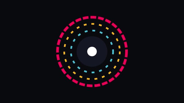 Abstract circular loading animation with pulsing neon rings and geometric patterns for digital interface and technology backgrounds 4k
