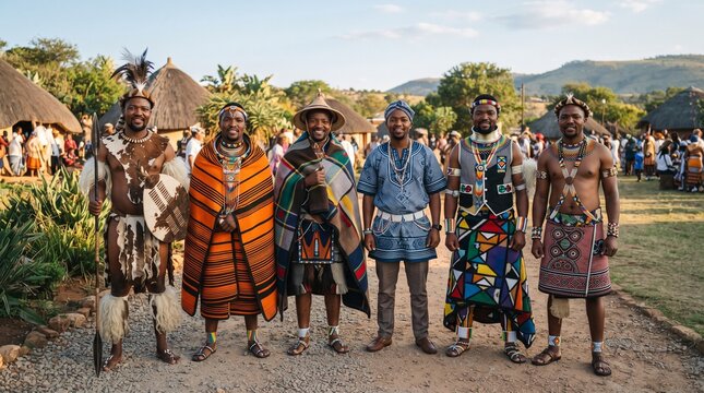 Group of South African men standing together in traditional ethnic clothing during a cultural festival