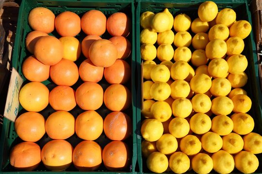 Grapefruits and lemons at a food market in Dortmund, Germany. Citrus fruits.
