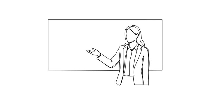 Continuous line drawing of a professional business woman standing and presenting information at a board