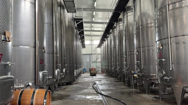 factory, Georgia - September 03, 2026: Stainless steel fermentation tanks line the winery facility, featuring wooden barrels and hoses on the concrete floor