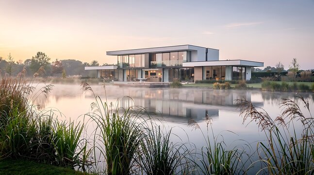 Luxurious modern glass villa on a serene waterfront during a misty sunrise morning featuring contemporary architecture reflected in the calm lake water surrounded by nature and reeds.
