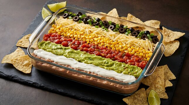A delicious homemade 7 layer dip with beans guacamole salsa corn cheese and olives served with tortilla chips