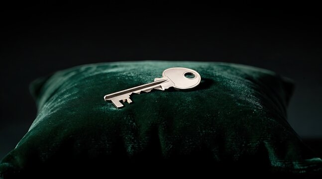 Elegant Silver Key Placed on a Dark Green Luxury Velvet Pillow Over a Black Background Representing Success, Real Estate Ownership, Security, Wealth, and New Opportunities Concept