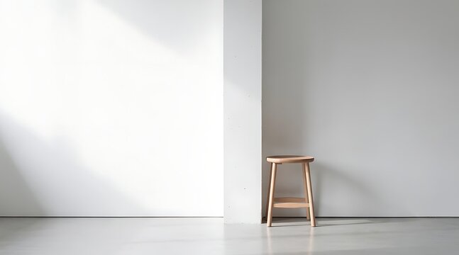 Minimalist Interior Design Featuring a Simple Round Wooden Stool Next to a White Concrete Pillar in a Bright Empty Room with Natural Sunlight and Soft Shadows on a Clean Wall Background