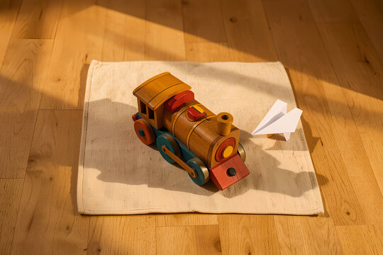 Vintage wooden toy train engine on cotton playmat with paper airplane on sunlit wooden floor