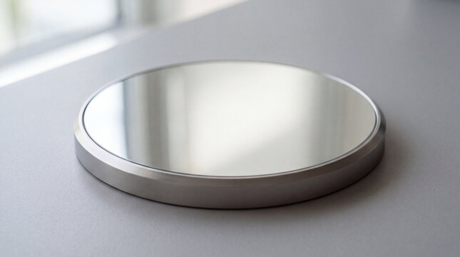 Round silver mirror on tabletop with minimal metal frame and soft window reflection