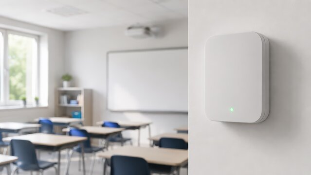 School air quality monitor concept shows A white sensor device mounted on a wall in a bright, empty classroom with desks and chairs.