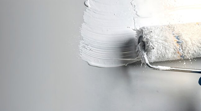 Close-up of a paint roller applying thick white paint on a smooth wall surface, renovation and home improvement concept for interior design and DIY residential maintenance projects.