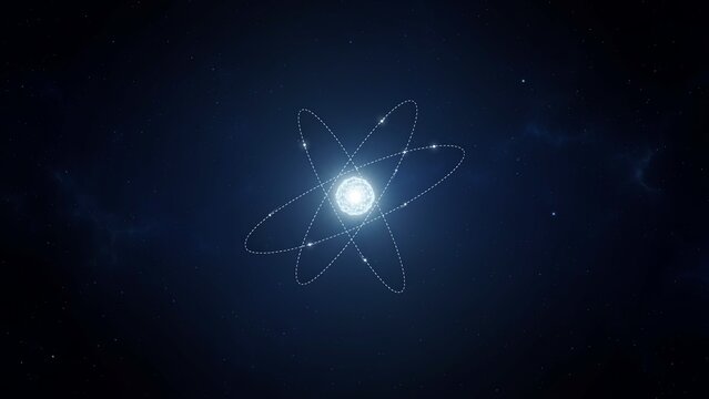 Glowing digital atom model floating in deep space with orbiting particles creating a scientific visualization of molecular physics and energy