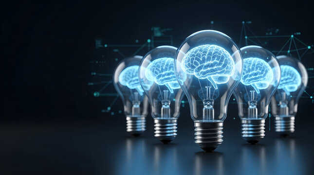 Innovative digital brains inside light bulbs representing artificial intelligence, collective creative thinking, and advanced neural network technology on dark background.
