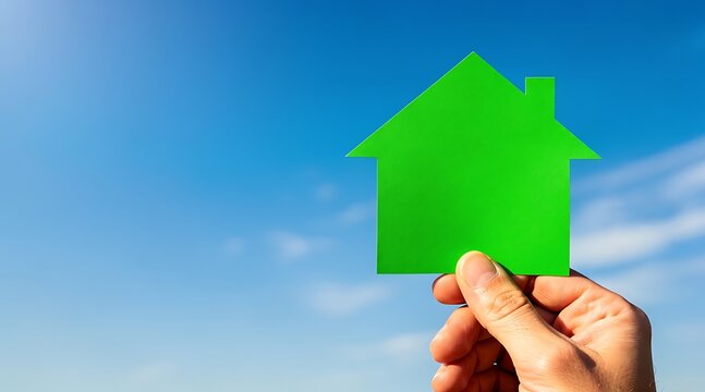 Green Paper House Cutout Held Against Blue Sky, Symbolic Representation of Sustainable Living, Eco-Friendly Real Estate, Environmental Protection, and Energy Efficient Home Concept
