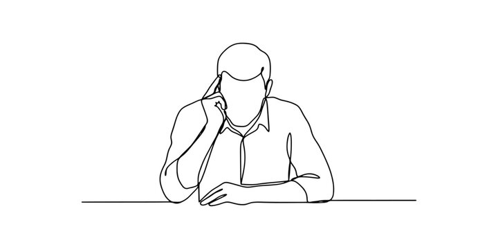 Continuous single line drawing of a man sitting at a desk talking on a mobile phone