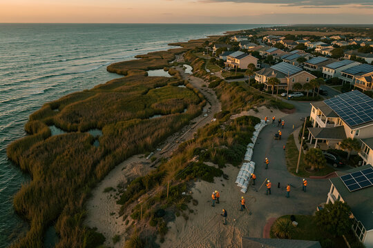 Coastal town with restored salt marsh and sandbagged low-lying street at golden hour