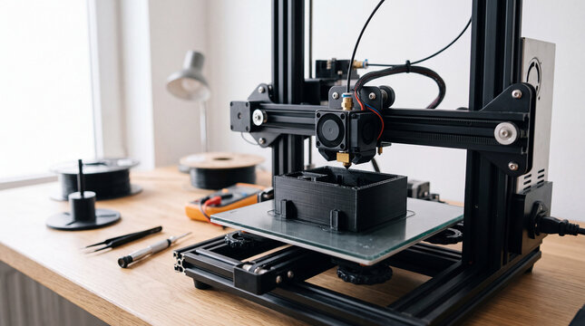 Desktop 3D printer creating black prototype model on glass bed in workshop environment