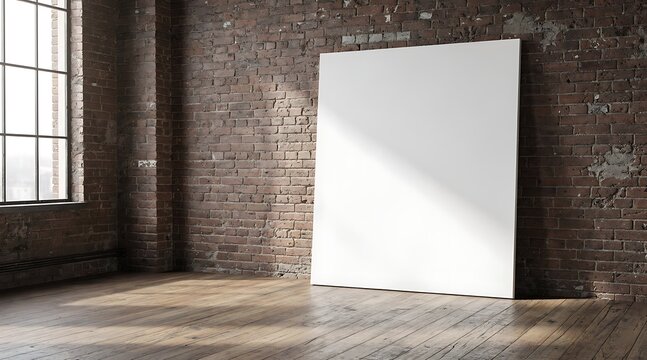 Large blank white vertical canvas mockup leaning against a rustic red brick wall in a minimalist industrial loft studio with natural window light and aged wooden floorboards.