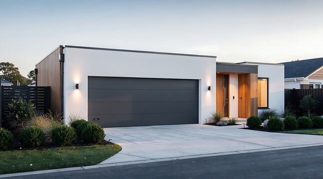Contemporary modern white luxury house exterior featuring a large grey garage door, minimalist architectural design with wooden accents, paved driveway and manicured landscaping at dusk.