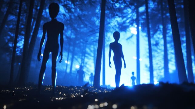 Mysterious extraterrestrial beings and mysterious silhouettes walking through a glowing blue enchanted forest during a dark night scene with glowing forest ground