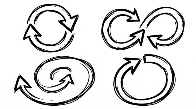 Four bold hand‑drawn arrows forming loops and cycles symbolizing repetition, process flow, and continuous motion in sketch style.