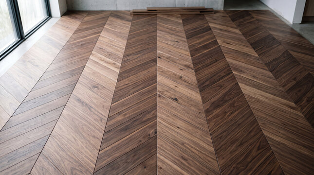 Modern chevron walnut parquet floor in a minimalist interior bathed in natural light, showcasing rich wood grain, repeating geometric pattern
