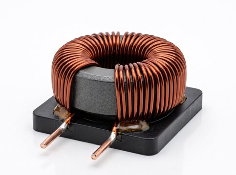 Large toroidal power inductor with copper wire windings on heavy duty mounting platform.