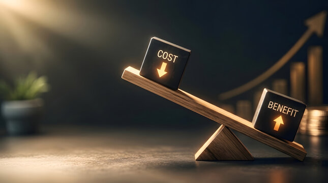 Conceptual wooden seesaw balancing glowing cost and benefit blocks against a dark financial growth background symbolizing profit analysis.