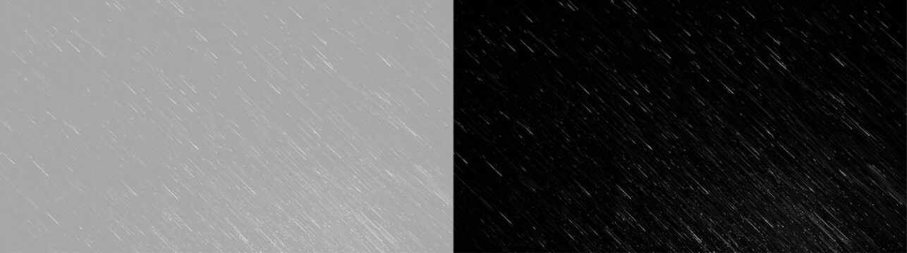 Rain or snow falling overlay texture. White weather effect on transparent and black backgrounds. Winter storm design element