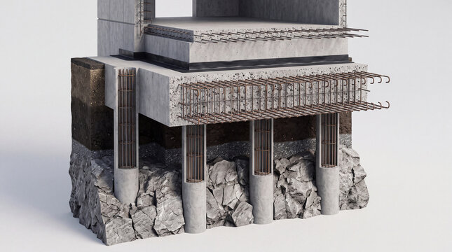 Reinforced concrete foundation with pile columns and rebar detailing for building construction