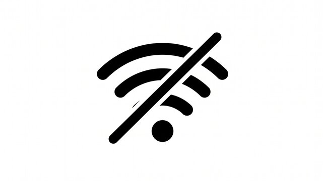 Black Wi‑Fi symbol crossed by diagonal lines representing no connection, network error, or offline status in minimal icon style.