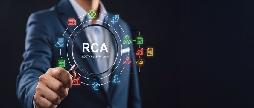 Businessman holding magnifying glass over digital Root Cause Analysis RCA graphic icon, illustrating systematic problem solving and professional data investigation on dark background.
