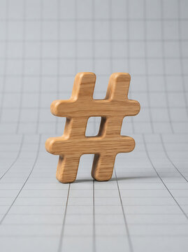 Wooden hashtag symbol isolated on grid background with transparent background