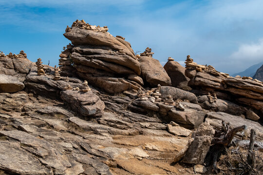 Stacked stone cairns on weathered rock formations, Seoraksan National Park, South Korea