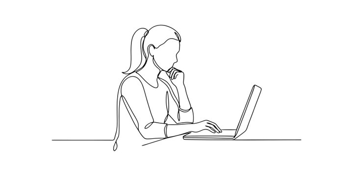 Woman working on laptop computer continuous single line drawing