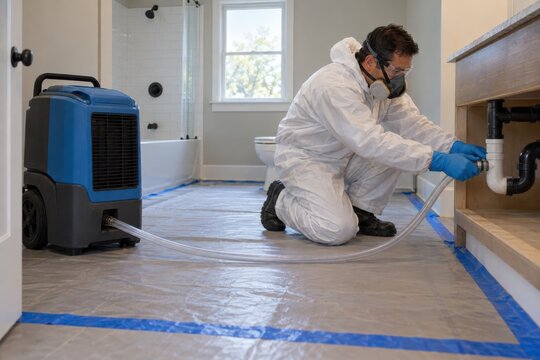 Restoration technician connecting dehumidifier hose in bathroom