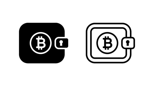 Secure bitcoin wallet icon set in solid black and outline linear style vector for cryptocurrency storage