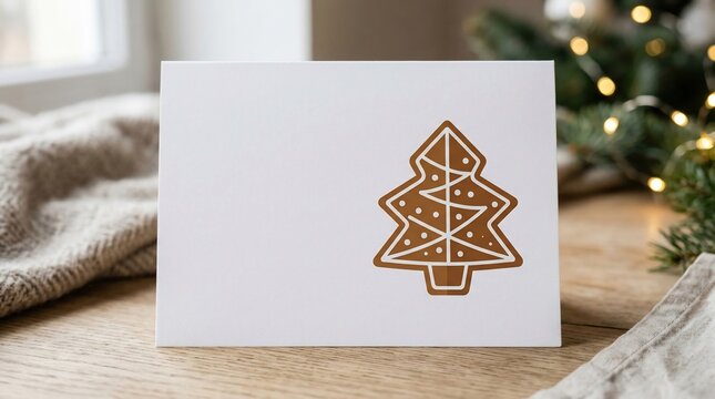 Christmas card with gingerbread tree design and festive lights background