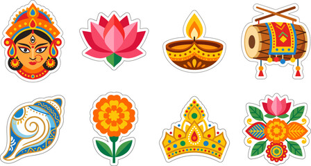 Fototapeta premium Durga Puja icons depicting traditional symbols and deities for cultural celebration with editable vector elements