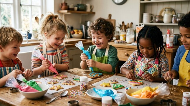 Diverse group of happy children decorating Christmas cookies in a bright kitchen
