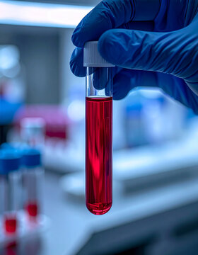 Reddish liquid sample inside clean glass test tube during pharmaceutical research, gloved scientist holding tube, modern laboratory environment. Close-up.
