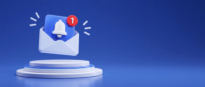 3D illustration of a mail notification icon featuring an open white envelope with a notification bell and a red numeric badge on a circular podium against a solid blue background.