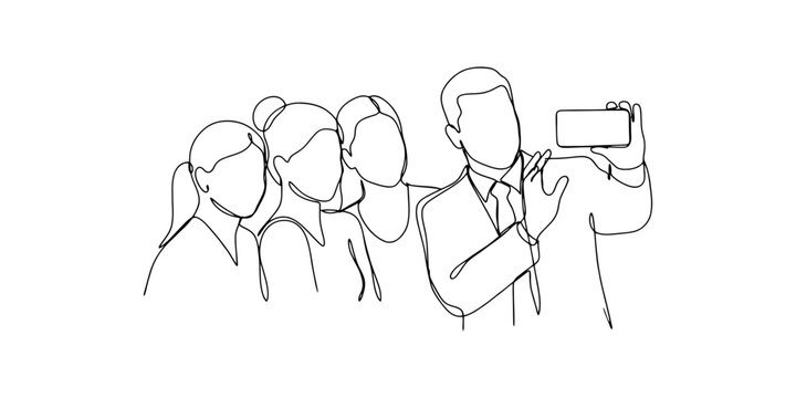 Group of friends taking a selfie photo with a smartphone continuous line drawing