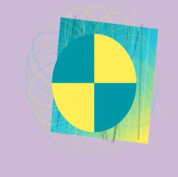 Teal and yellow quadrant circle overlapping a tilted blue square and linear swirls