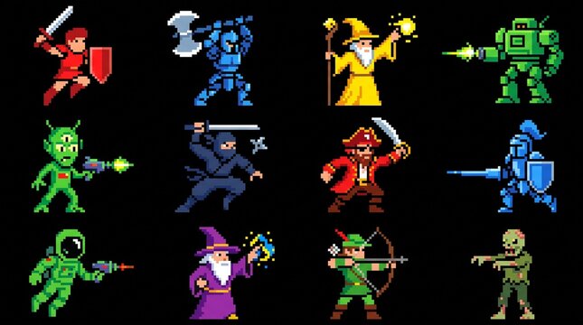 Retro 8-Bit Pixel Game Character Set Diverse Heroes Villains on Black