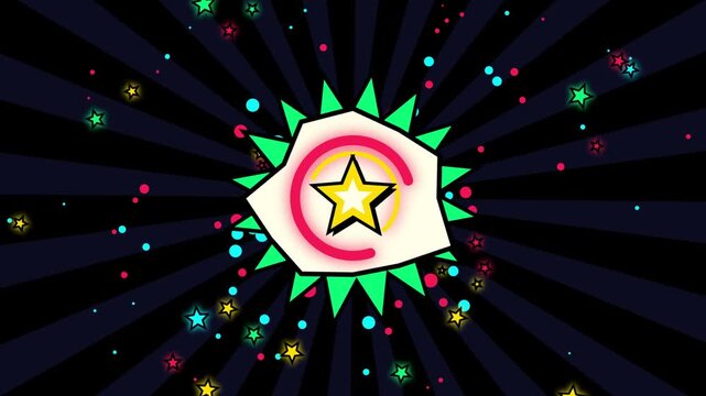 Animated starburst emblem with glowing center and falling confetti during celebration