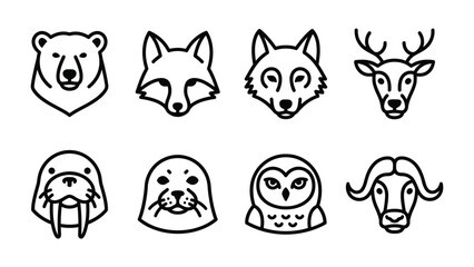 Fototapeta premium Arctic Animal Icons: A collection of minimalist line art icons featuring various arctic animals like a polar bear, fox, wolf, deer, walrus, seal, owl, and musk ox.