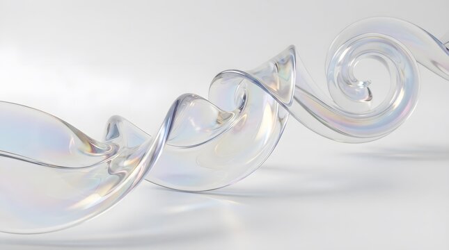 Abstract 3d render of a flowing iridescent glass spiral ribbon, elegant transparent wave shape with soft light reflections, isolated on white background